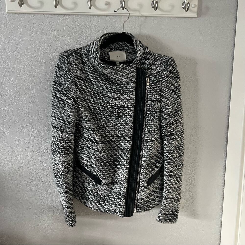 IRO Noaphina Wool Blend Leather Trim Assymetric Zip Knit Sweater Jacket